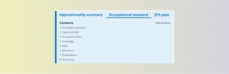 Screenshot showing occupational standard tab