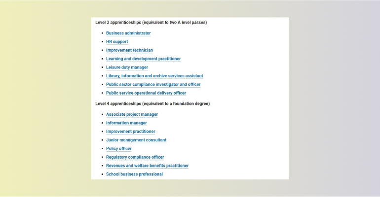 Screenshot showing a list of level 3 and 4 apprenticeship qualifications