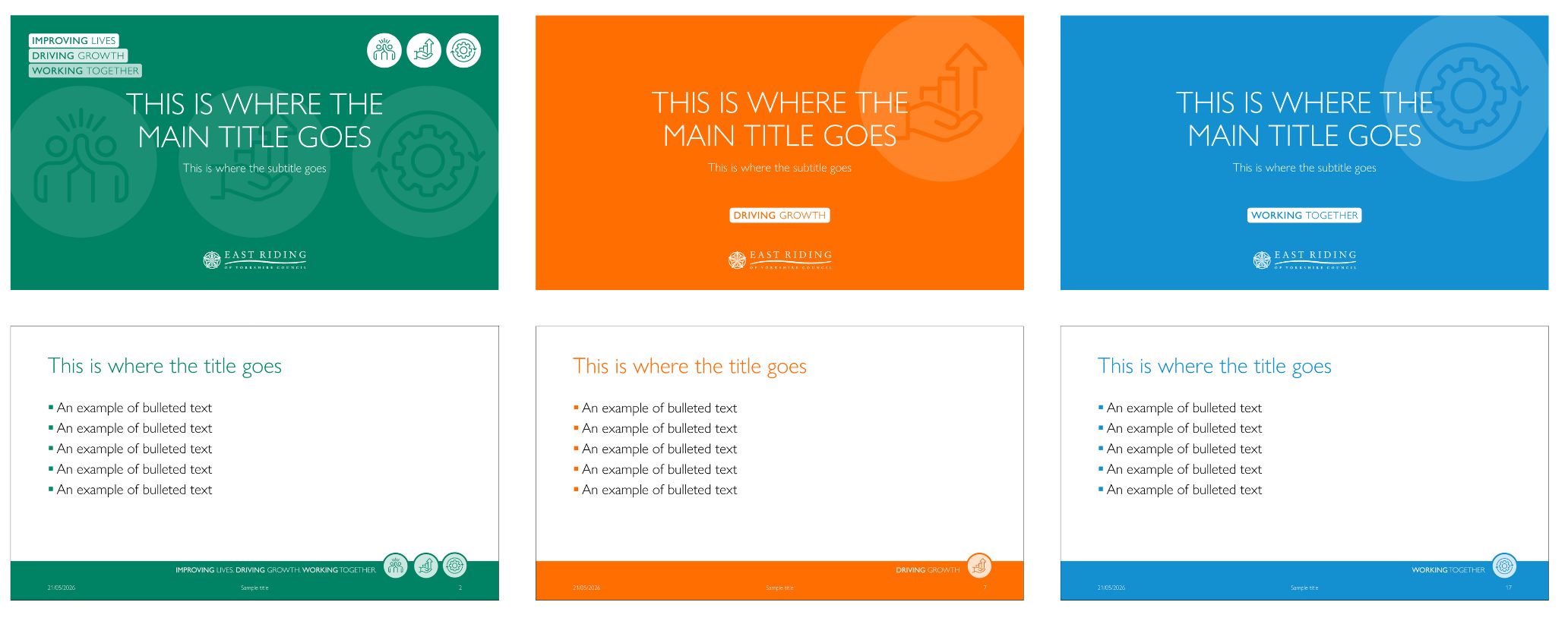 The image shows our council mission templates with the colour in green, orange and blue.