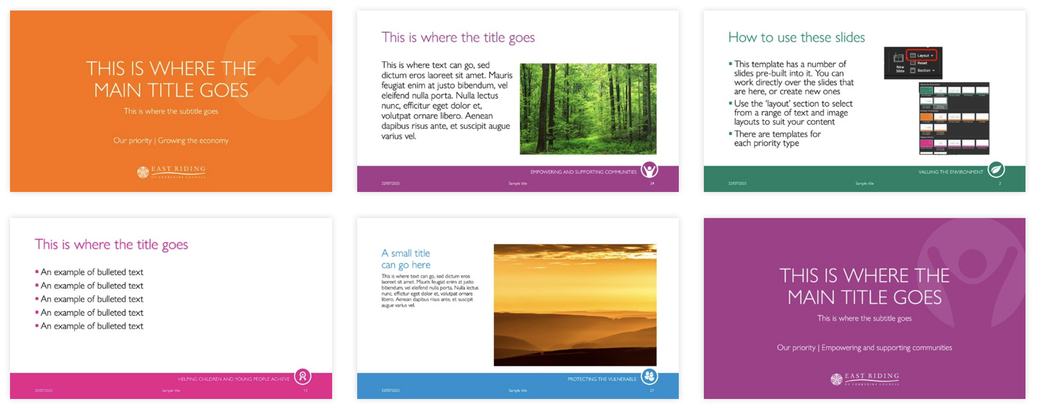 The image shows the five council priority templates with the colour that represents each priority. 